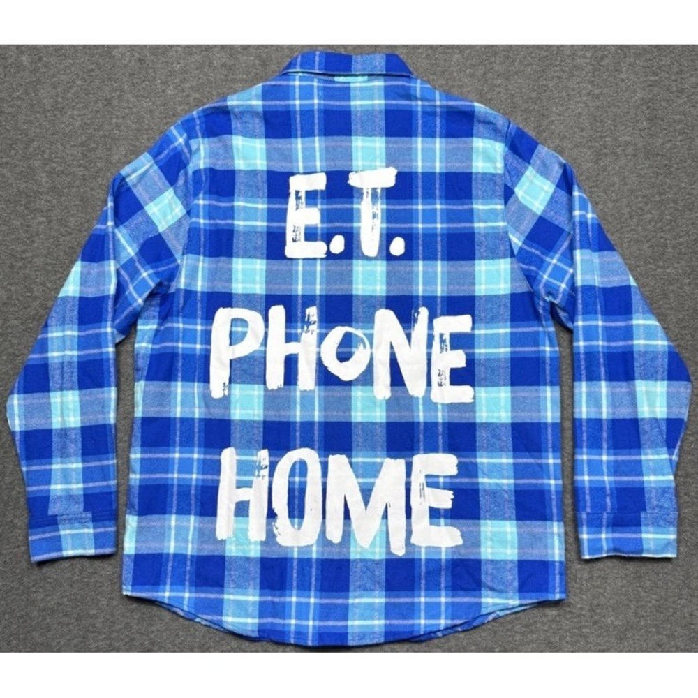 Cakeworthy Shirt Mens S Blue Plaid ET Phone Home Alien Flannel Button Spell Out